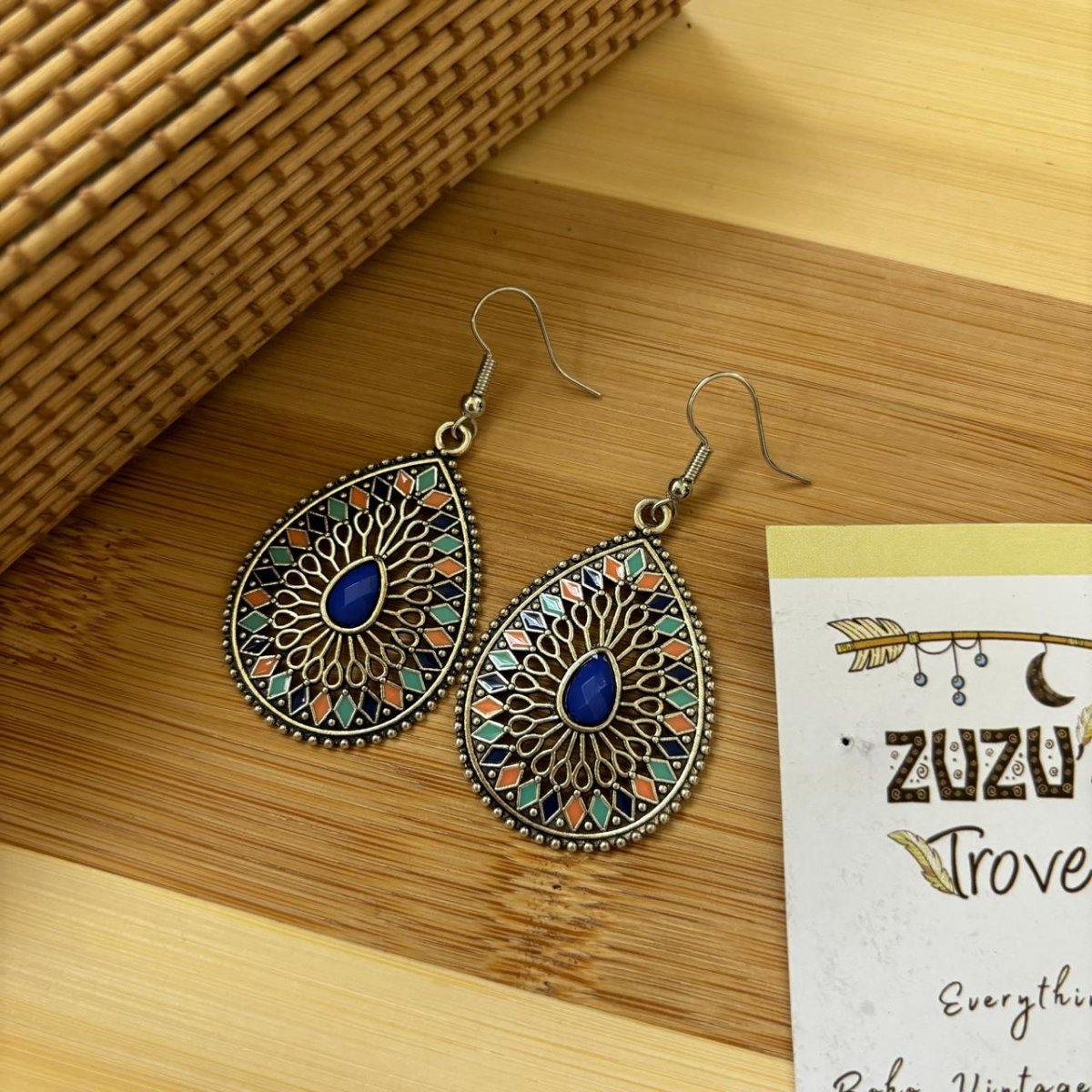 Front view of an earrings - Ethnic Blue Stone Earring - Zuzus Trove