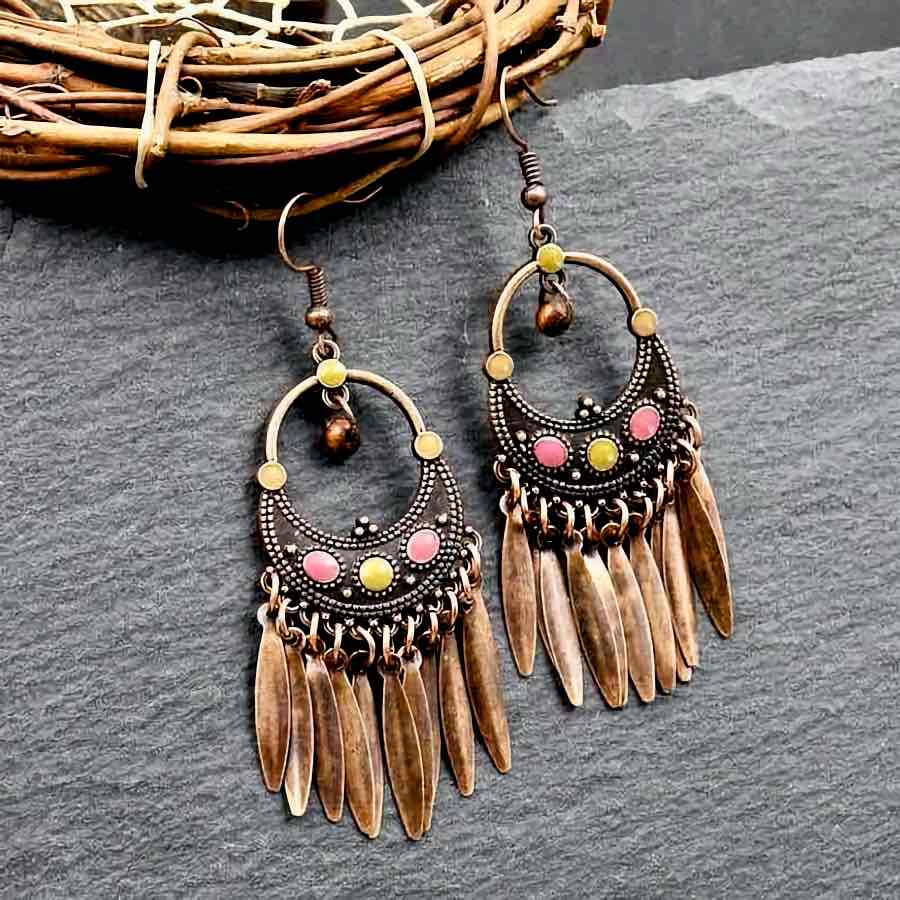 Front view of an earrings - Ethnic Oxidised Dangle Earrings - Zuzus Trove