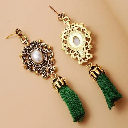 Front view of an earrings - Ethnic Pearl Dangler Earring - Green - Zuzus Trove