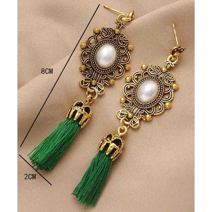 Front view of an earrings - Ethnic Pearl Dangler Earring - Green - Zuzus Trove