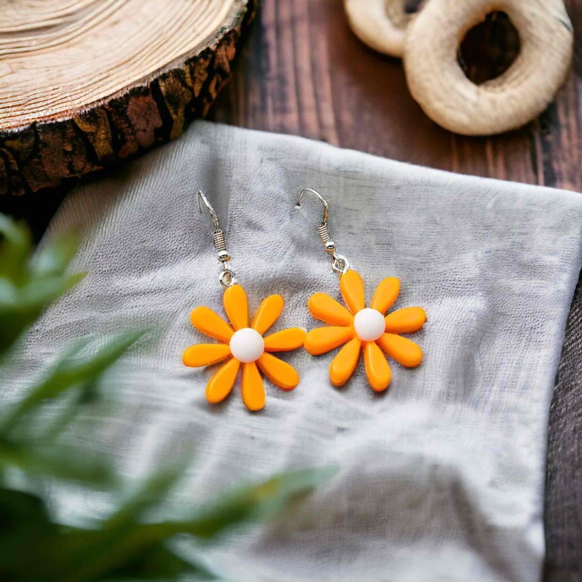 Front view of an earrings - Fun Orange Flower Earrings - Zuzus Trove