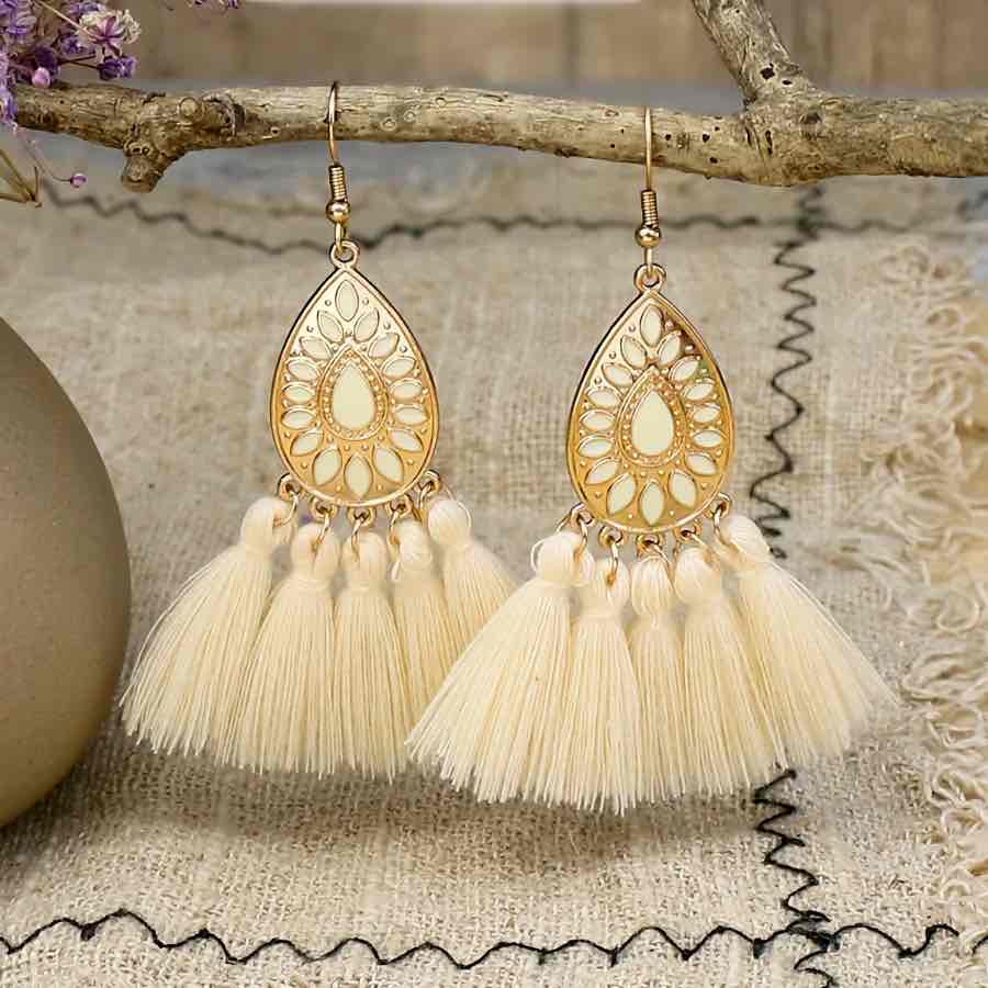 Front view of an earrings - Gold Beige Tassel Earring - Oval - Zuzus Trove