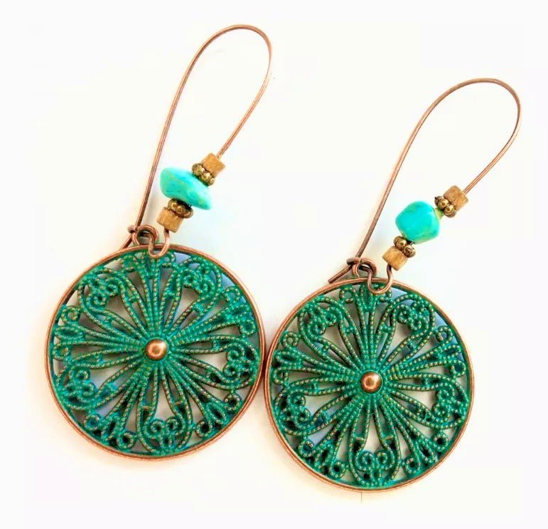 Front view of an earrings - Green Earrings - Long Mandala Sacred Wheel Drop Earrings - Zuzus Trove