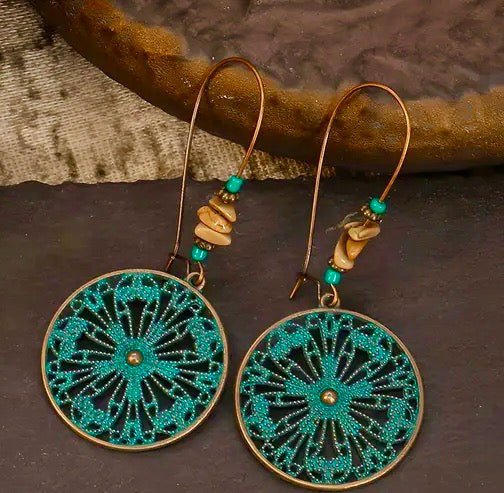 Front view of an earrings - Green Earrings - Long Mandala Sacred Wheel Drop Earrings - Zuzus Trove