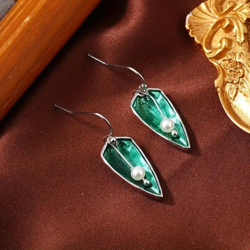 Front view of an earrings - Green Earrings - Pearl Drop Earrings - Zuzus Trove