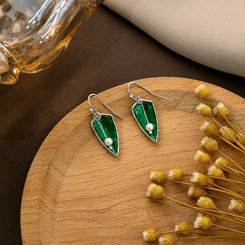 Front view of an earrings - Green Earrings - Pearl Drop Earrings - Zuzus Trove