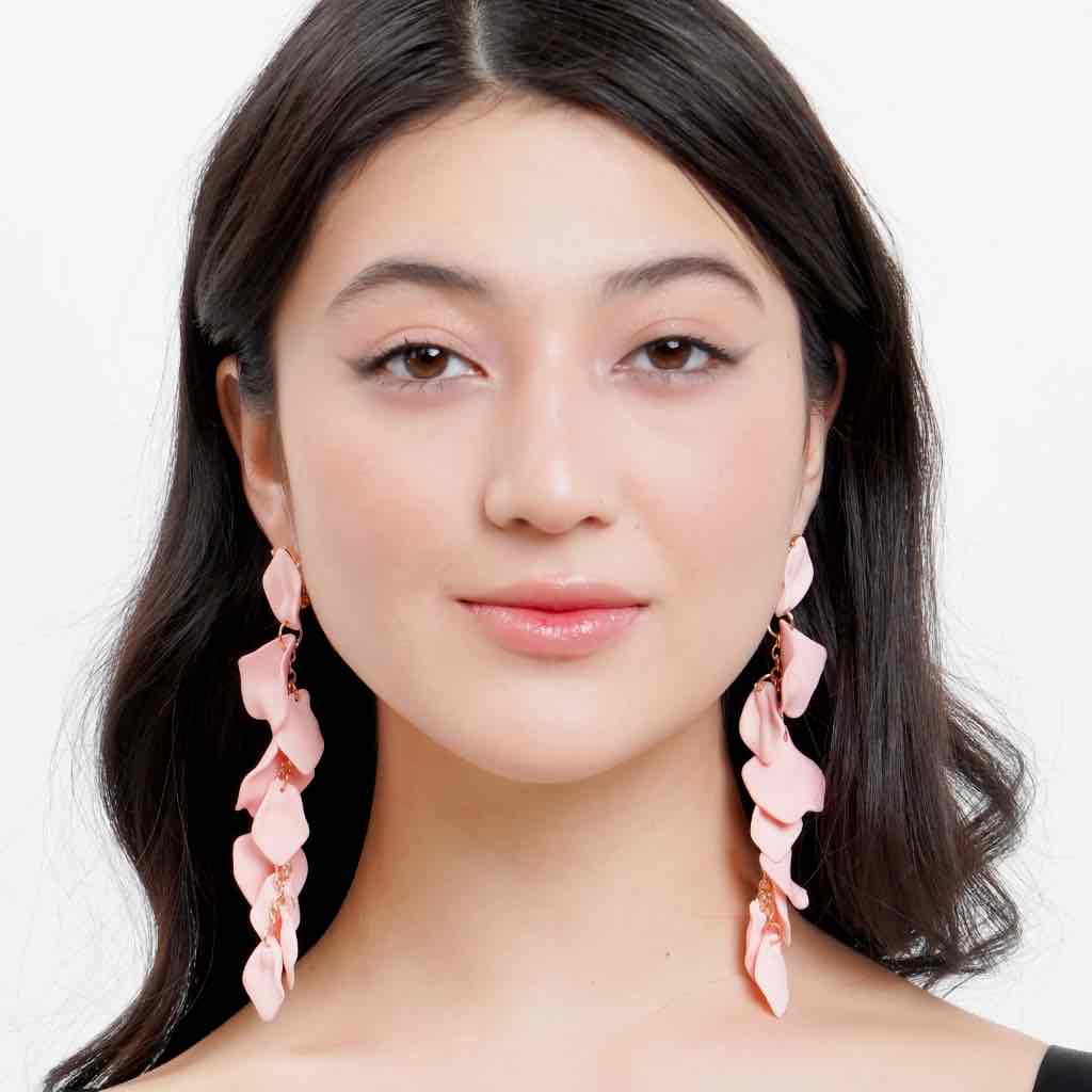 Front view of an earrings - Korean earrings - Leaf Earrings - Long Drop Statement Earrings - Baby Pink - Zuzus Trove