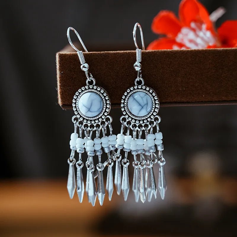 Front view of an earrings - Light Blue Ethnic Stone Earrings - Zuzus Trove