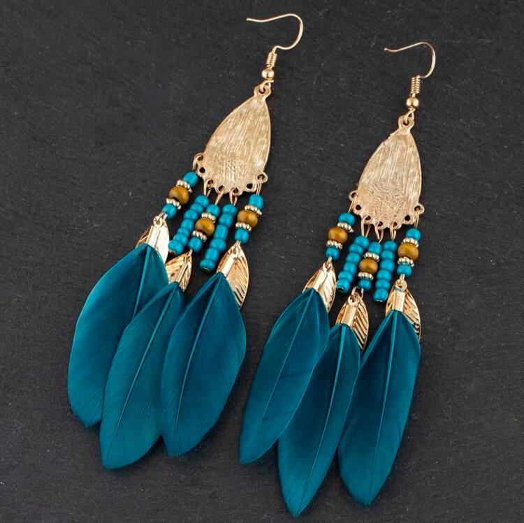 Front view of an earrings - Long Earrings - Blue Feather Earrings - Zuzus Trove