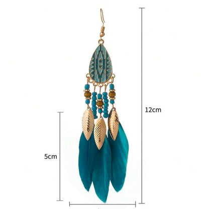 Front view of an earrings - Long Earrings - Blue Feather Earrings - Zuzus Trove