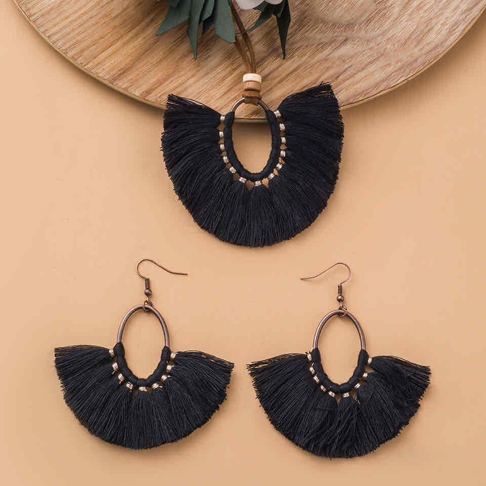 Front view of an earrings - Necklace Set - Earrings - Tassel - Oval Shape - Zuzus Trove