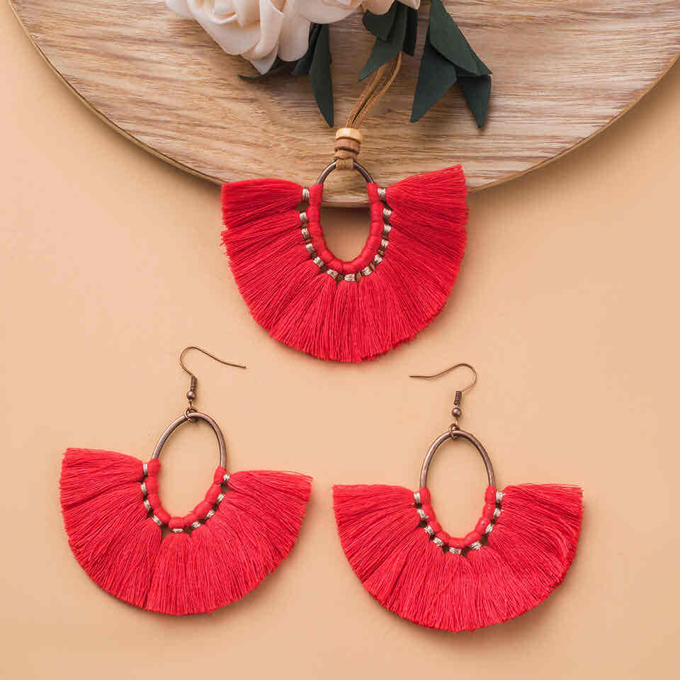 Front view of an earrings - Necklace Set - Earrings - Tassel - Oval Shape - Zuzus Trove