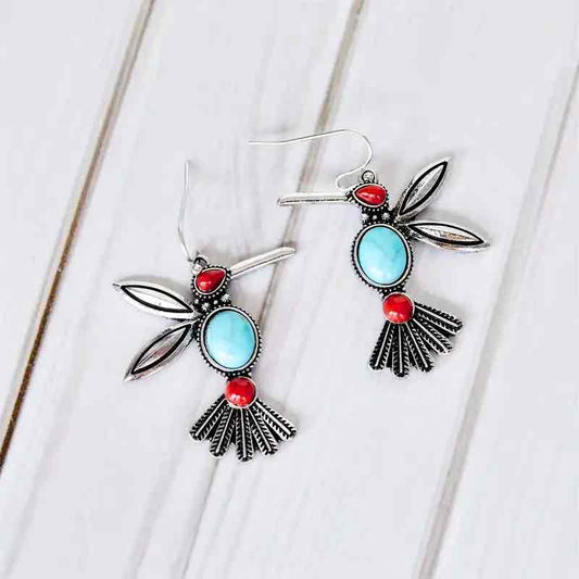 Image of an earring - Oxidised Silver Earrings - Blue and Red Humming Bird Western Earrings by Zuzus Trove