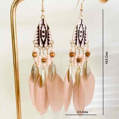 Front view of an earrings - Pink Earrings - Long Pink Feather Tribal Earrings - Zuzus Trove