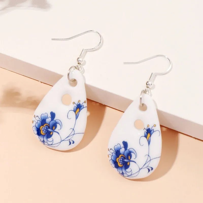 Front view of an earrings - Porcelain Flower Earrings - White Earrings - Zuzus Trove