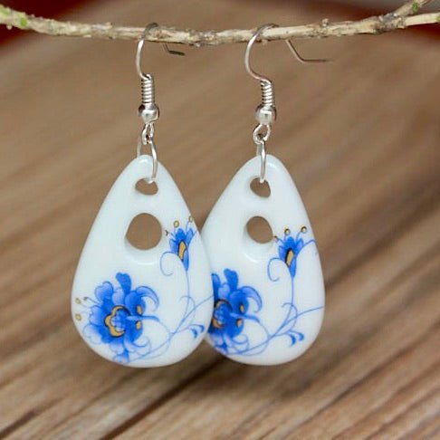 Front view of an earrings - Porcelain Flower Earrings - White Earrings - Zuzus Trove