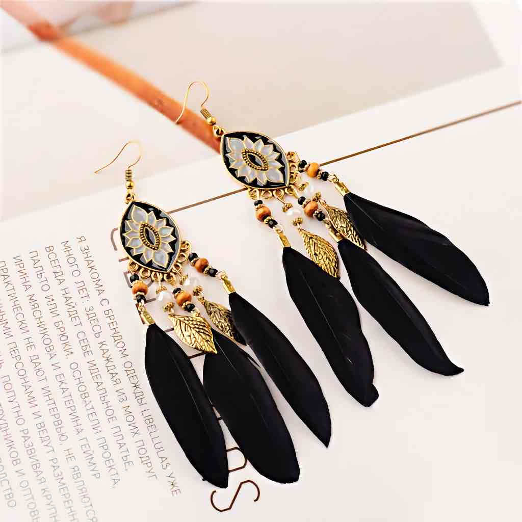 Front view of an earrings - Premium | Black Bohemian Feather Earrings - Style 1 - Zuzus Trove