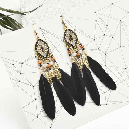 Front view of an earrings - Premium | Black Bohemian Feather Earrings - Style 1 - Zuzus Trove