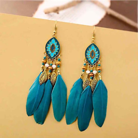 Image of an earring - Premium | Blue Bohemian Feather Earrings - Style 1 by Zuzus Trove