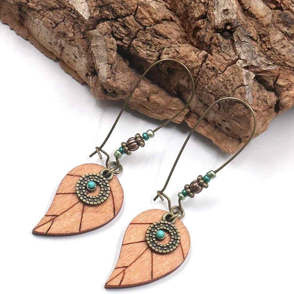 Front view of an earrings - Premium - Boho Wooden Leaf Earrings - Zuzus Trove