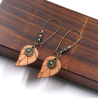 Front view of an earrings - Premium - Boho Wooden Leaf Earrings - Zuzus Trove