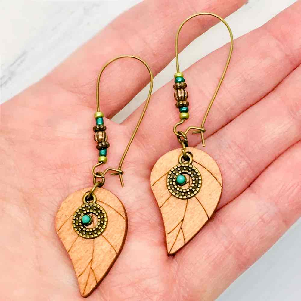 Front view of an earrings - Premium - Boho Wooden Leaf Earrings - Zuzus Trove