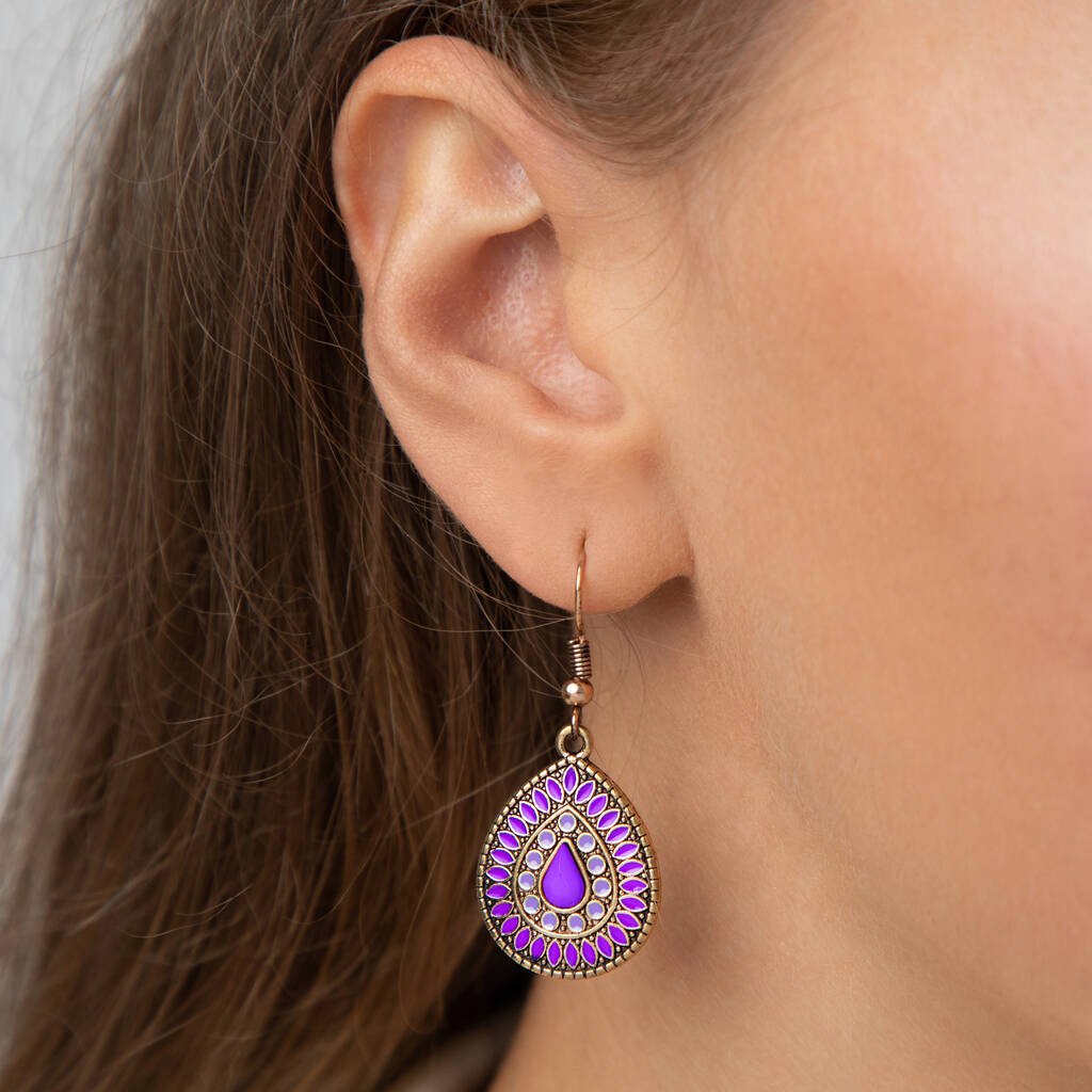 Front view of an earrings - Premium | Deep Purple - Antique Teardrop Earrings - Ethnic - Zuzus Trove