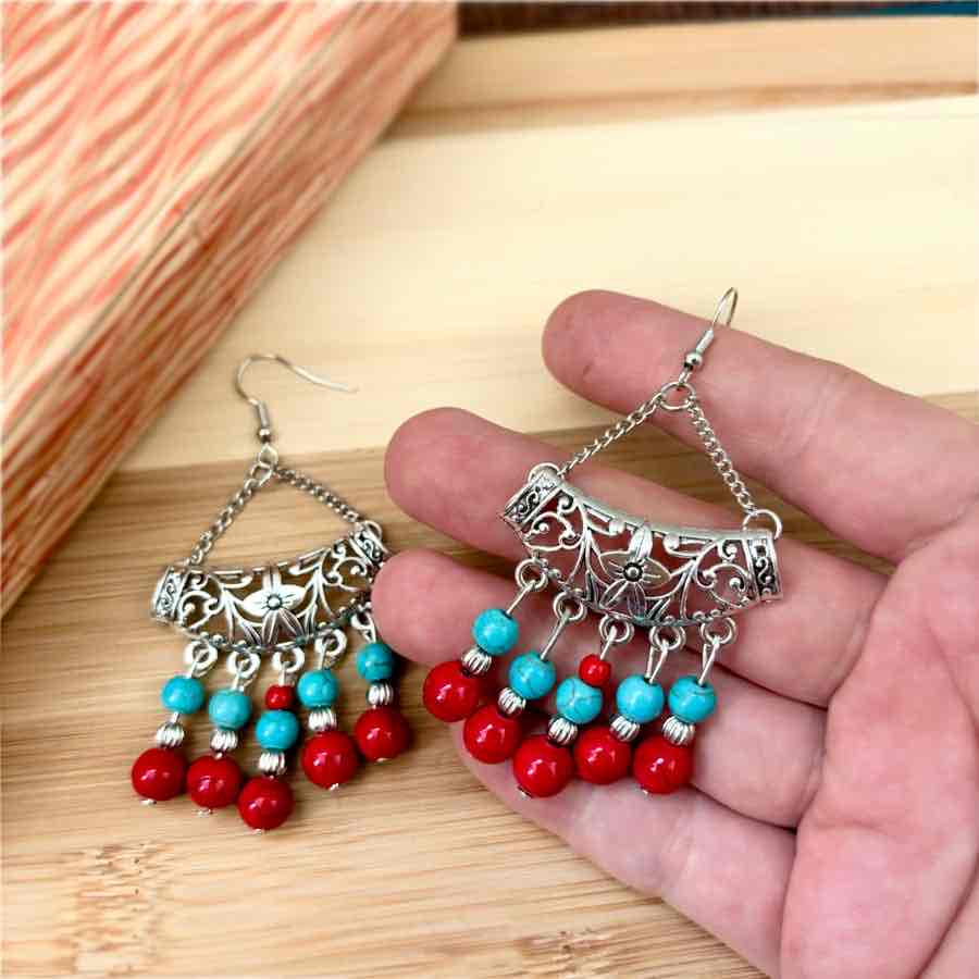 Image of an earring - Premium - Ethnic Blue and Red Turquoise Dangler earring by Zuzus Trove