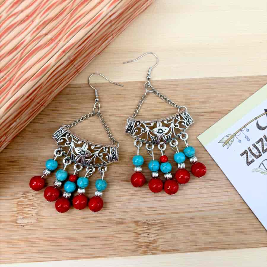 Image of an earring - Premium - Ethnic Blue and Red Turquoise Dangler earring by Zuzus Trove