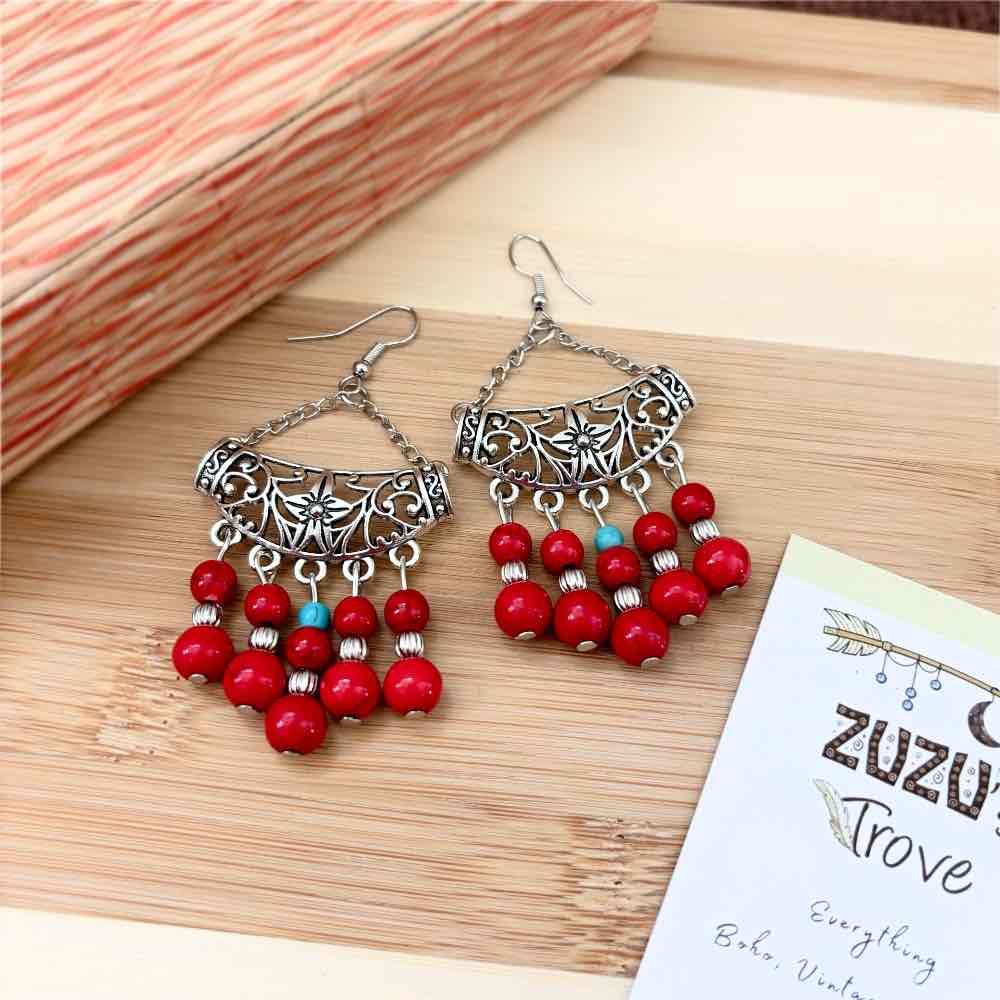 Front view of an earrings - Premium - Ethnic Red Dangler earring - Zuzus Trove