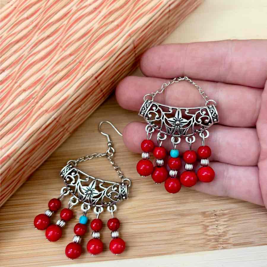 Front view of an earrings - Premium - Ethnic Red Dangler earring - Zuzus Trove