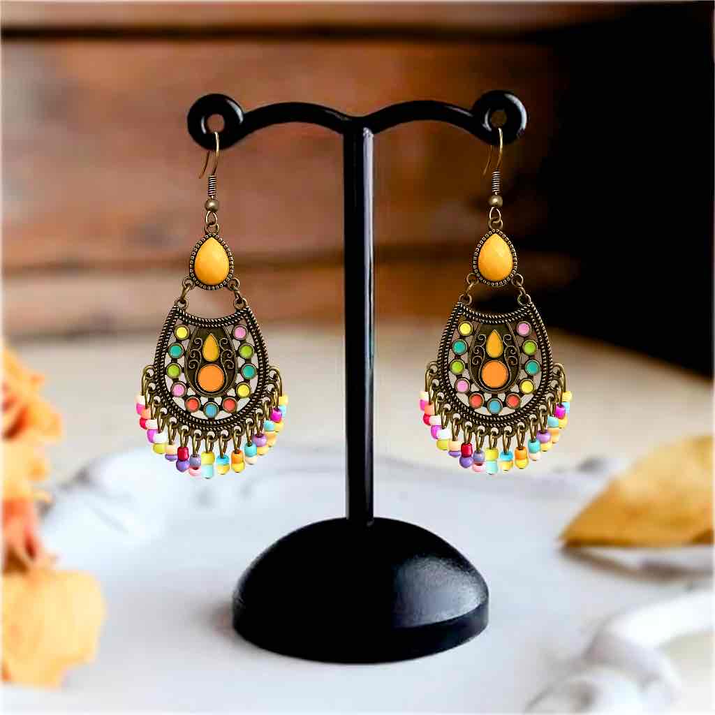 Front view of an earrings - Premium | Ethnic Stone Drop Earrings (Yellow) - Zuzus Trove