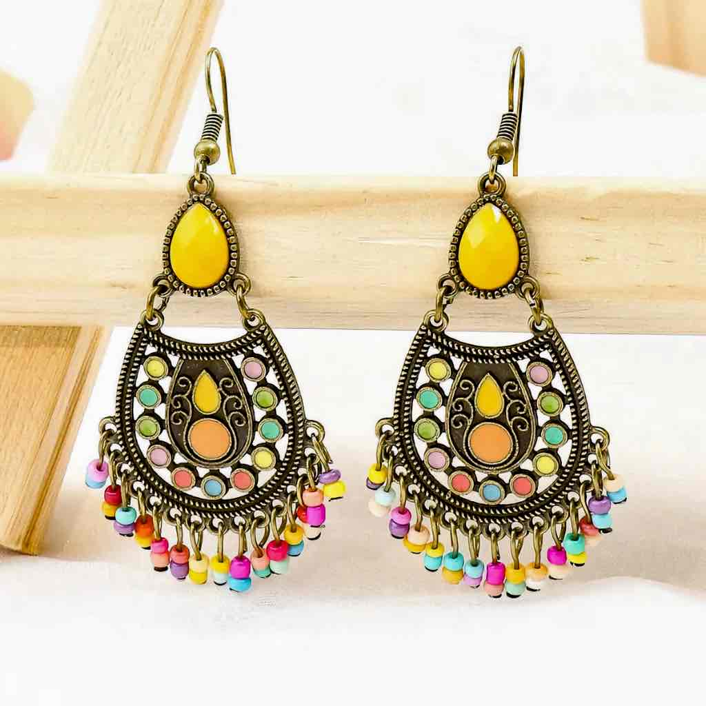 Front view of an earrings - Premium | Ethnic Stone Drop Earrings (Yellow) - Zuzus Trove