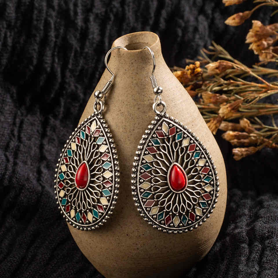 Front view of an earrings - Premium | Ethnic Tear Drop Gem Earrings - Zuzus Trove