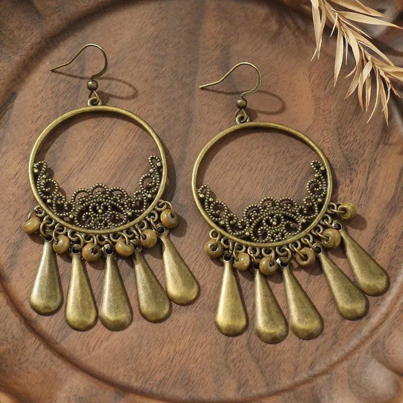 Front view of an earrings - Premium Gold Oxidised Hoop Dangle Earrings - Zuzus Trove