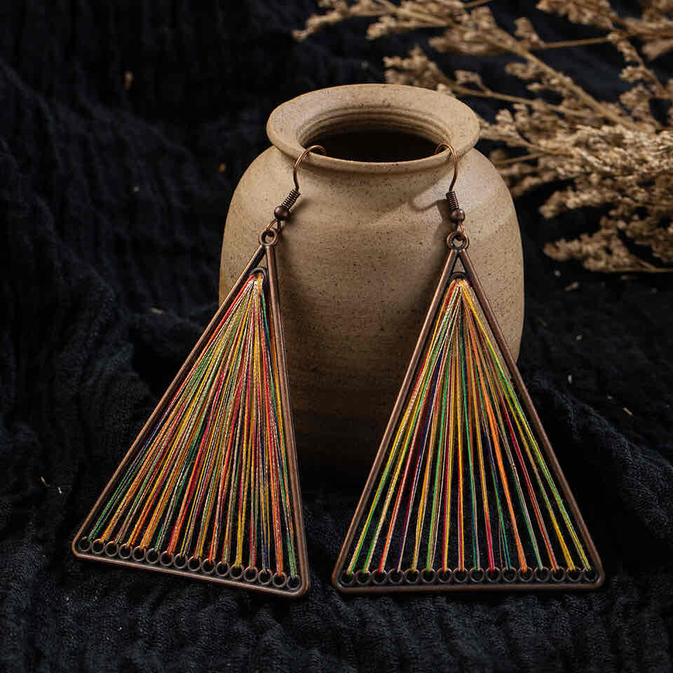 Front view of an earrings - Premium| Handmade Threaded Triangle Statement Earrings - Zuzus Trove