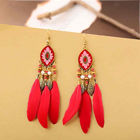 Image of an earring - Premium | Red Bohemian Feather Earrings - Style 1 by Zuzus Trove