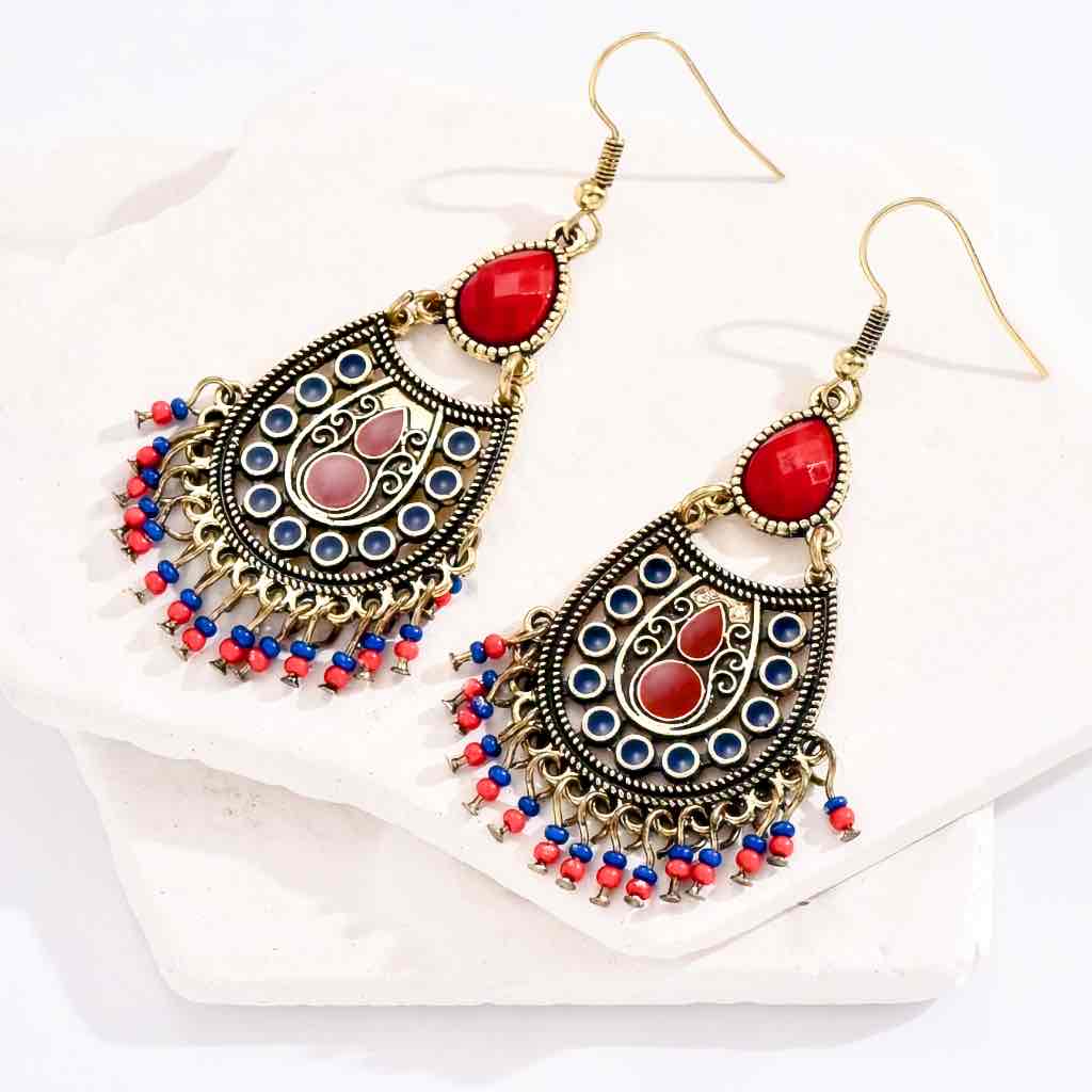 Front view of an earrings - Premium | Ruby Red Ethnic Stone Earrings - Zuzus Trove