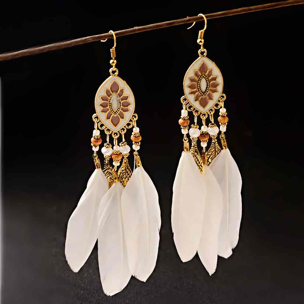 Image of an earring - Premium | White Bohemian Feather Earrings - Style 1 by Zuzus Trove