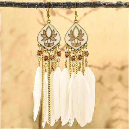 Front view of an earrings - Premium | White Lotus Boho Feather Earrings - Zuzus Trove