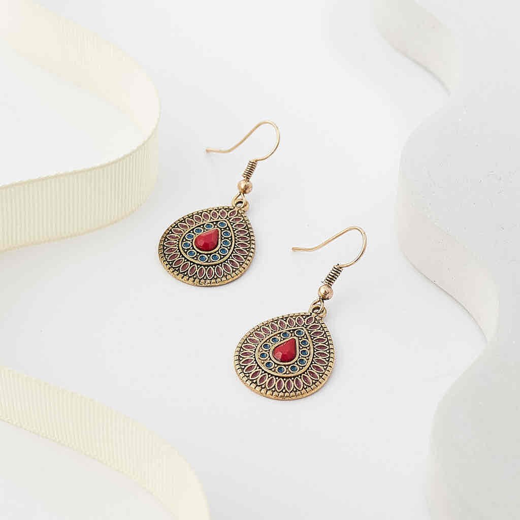 Front view of an earrings - Premium | Wine Red & Ocean Blue - Antique Teardrop Earrings - Ethnic - Zuzus Trove