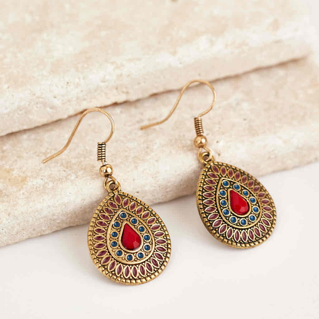 Front view of an earrings - Premium | Wine Red & Ocean Blue - Antique Teardrop Earrings - Ethnic - Zuzus Trove