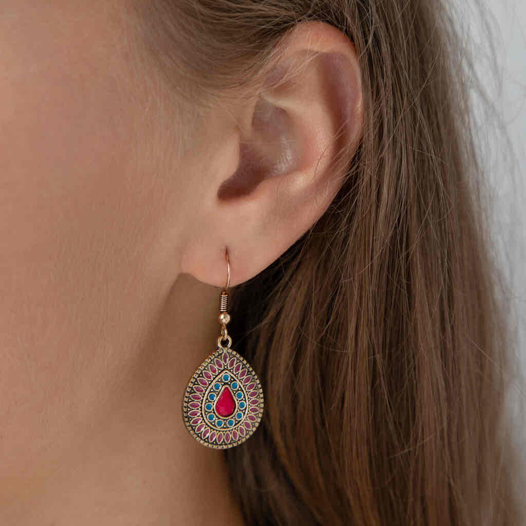 Front view of an earrings - Premium | Wine Red & Ocean Blue - Antique Teardrop Earrings - Ethnic - Zuzus Trove