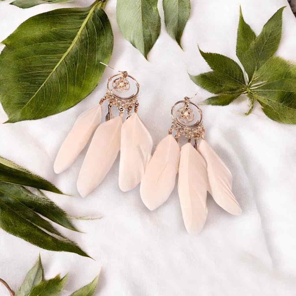 Front view of an earrings - Premium|Dream Catch Boho Beige Feather - Zuzus Trove