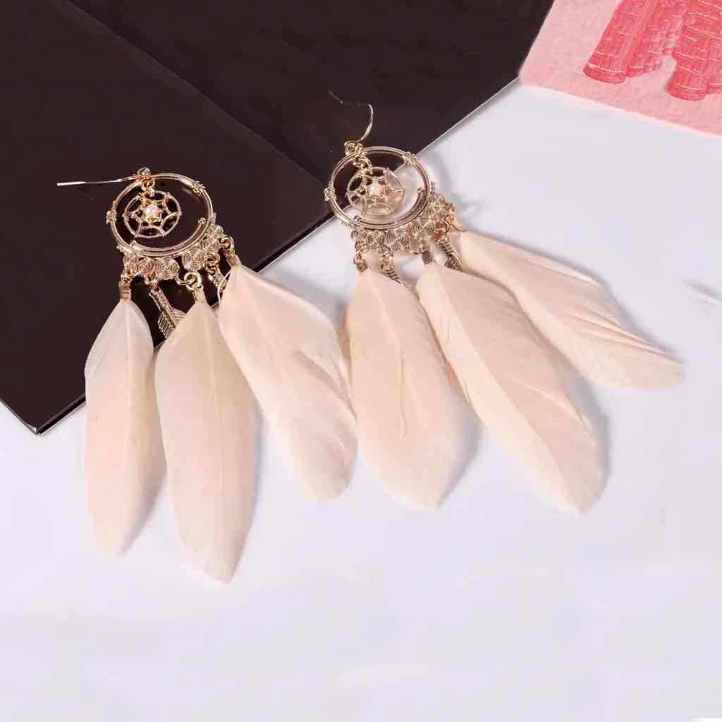 Front view of an earrings - Premium|Dream Catch Boho Beige Feather - Zuzus Trove