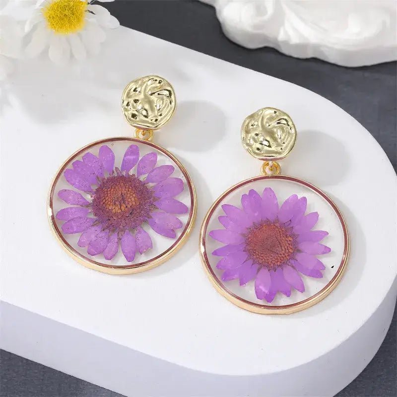 Front view of an earrings - Rainbow Daisies (Pressed Flowers) - Zuzus Trove