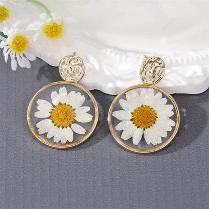 Front view of an earrings - Rainbow Daisies (Pressed Flowers) - Zuzus Trove