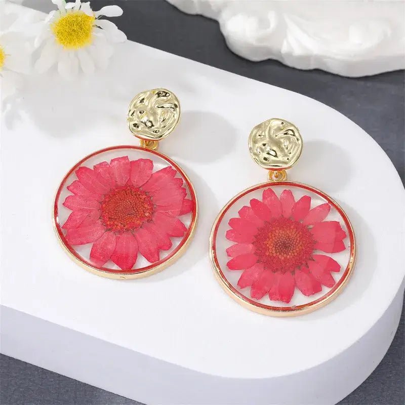 Front view of an earrings - Rainbow Daisies (Pressed Flowers) - Zuzus Trove