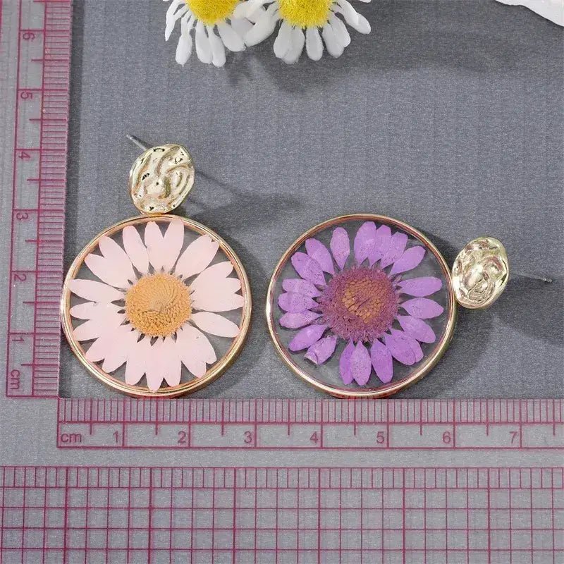 Front view of an earrings - Rainbow Daisies (Pressed Flowers) - Zuzus Trove