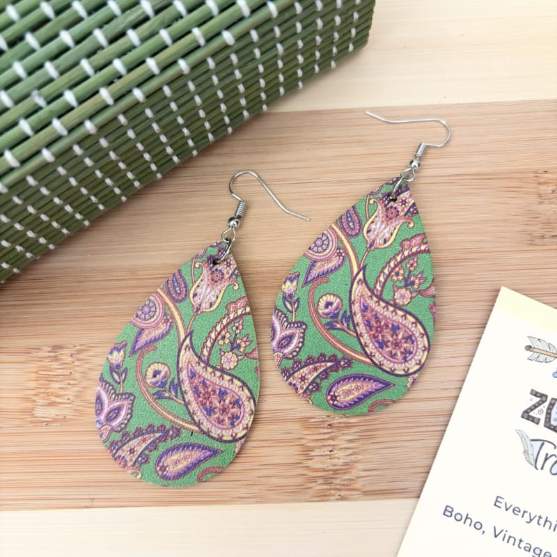 Front view of an earrings - Retro Paisley Faux leather Earring - Style 4 - Zuzus Trove